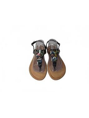 ID Required Black T-Strap Sandals with Iridescent‎ Geometric Accent Stones 9.5
